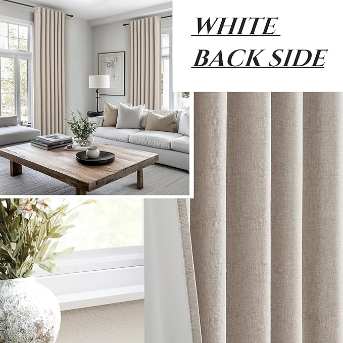 Grey Flax Natural Linen 90 Inch Curtains for Bedroom, Aesthetic Blackout Pleated Burlap Burg Heat Blocking Sound Dampening Windows Burg with Rod Pocket Dining Room Curtain 90 Inches Length 2 Panel Set