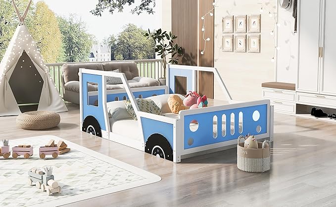 Full Size Classic Car-Shaped Platform Bed Frame for Boys Girls Kids Toddler with Wheels,Blue