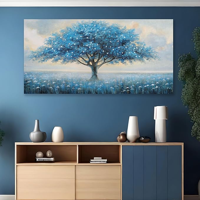 Glvzygy Blue Tree of Life Wall Art Abstract Modern Artwork Canvas Painting Textured Tree Pictures Wall Decor Home Decor Wall Ready to Hang for Bedroom Living Room Size 29"x58"