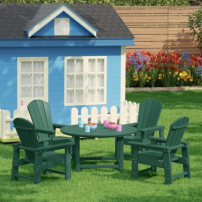 Costaelm Paradise Kids 5-Piece HDPE Outdoor Patio Round Dining Table and Chairs Set, Dark Green