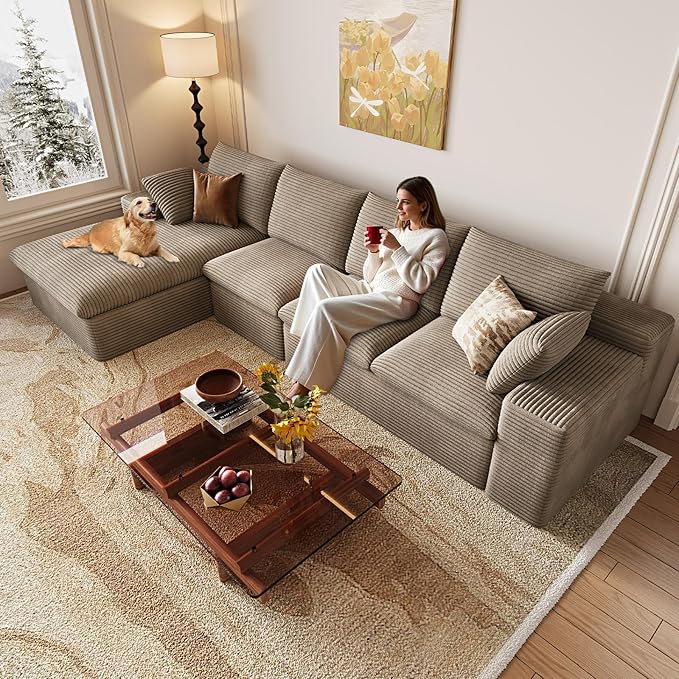 136 Inch Cloud Sectional Couch, Modern Modular Sectional Sofa with Deep Seat, Corduroy Boneless Couches with L-Shape Chaise for Living Room Bedroom, No Assembly Required (Camel, Left Facing Chaise)