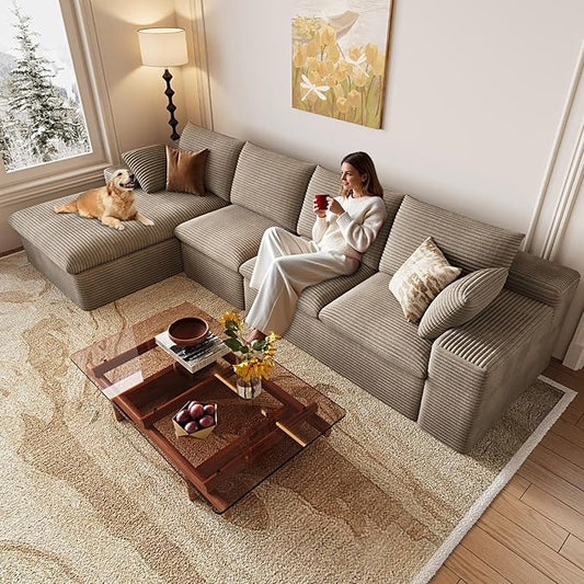 136 Inch Cloud Sectional Couch, Modern Modular Sectional Sofa with Deep Seat, Corduroy Boneless Couches with L-Shape Chaise for Living Room Bedroom, No Assembly Required (Camel, Left Facing Chaise)