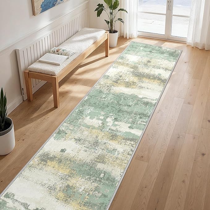 GENIMO Runner Rug Non Slip 2'6"x12', Washable Rug Runner for Hallways Kitchen, Abstract Modern Kitchen Rugs, Low Pile Lightweight Carpet Runners for Entryway, Bedroom, Laundry, Light Green