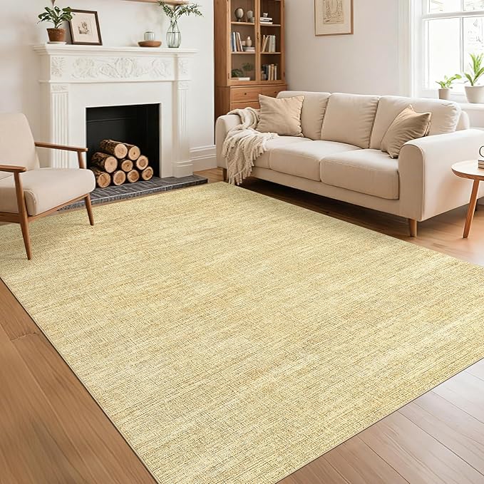 5x7 Washable Rugs Non Slip Minimalist Area Rug for Bedroom Soft Low Pile Solid Color Large Bedroom Throw Carpet Stain Resistant Classic Neutral Area Rug Plain Boho Rugs for Kitchen Nursery, Tan 5'x7'