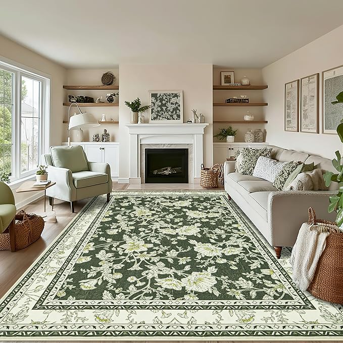 Olive Green Floral Print Area Rugs for Bedroom Living Room Boho Farmhouse Country Rustic Dining Room Carpet Soft Washable Rugs Non Slip Floor Covering for Nursery Playroom 10x14