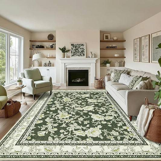 Olive Green Floral Print Area Rugs for Bedroom Living Room Boho Farmhouse Country Rustic Dining Room Carpet Soft Washable Rugs Non Slip Floor Covering for Nursery Playroom 10x12