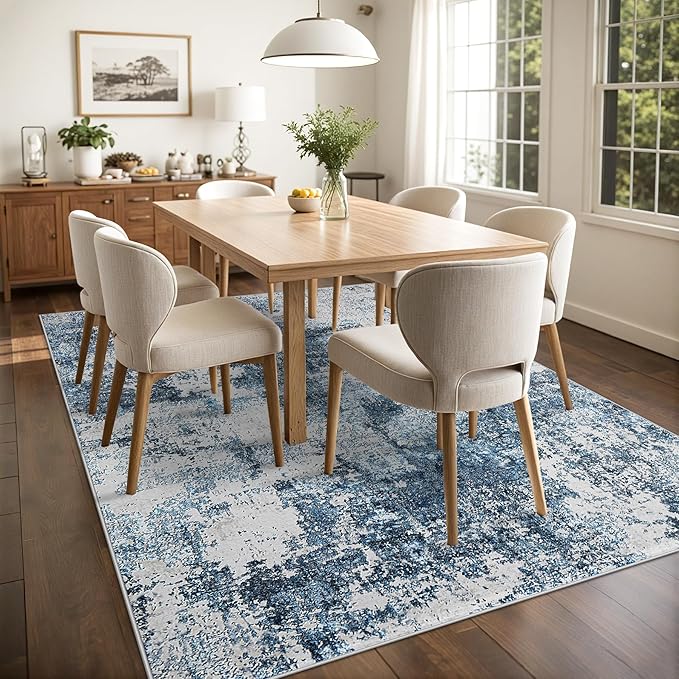 8x10 Area Rug for Living Room Bedroom: Large Washable Rug with Anti-Slip Backing Non-Shedding Stain-Resistant Soft Abstract Carpet for Dining Room Nursery Home Office (Blue)