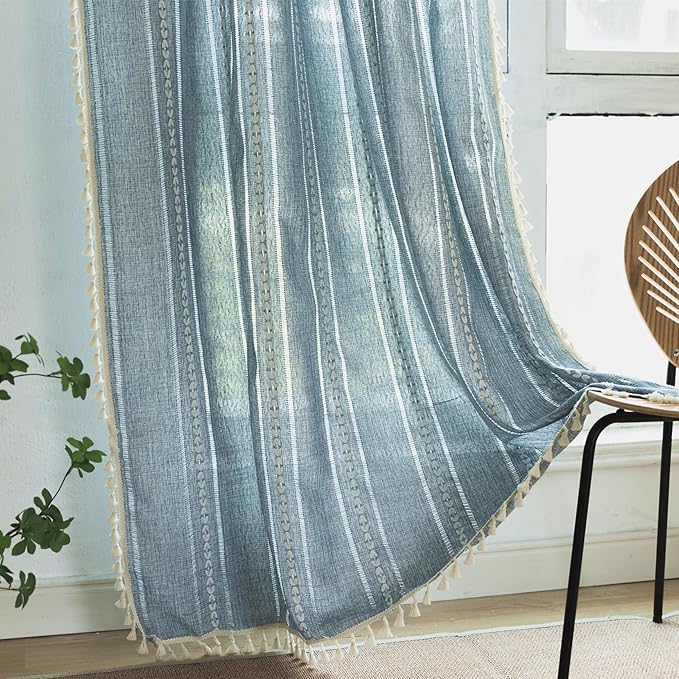Deeprove Boho Curtains 108 Inches Long for Bedroom Living Room Patio, Bohemian Embroidery Cotton Linen French Country Window Treatment Tassel Drape Light Filter, W52 x L108 1 Panel, Denim Blue
