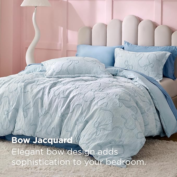Bedsure Blue Duvet Cover King Size with Bowknot Jacquard Design, Soft and Elegant Boho Bedding Set, Luxurious Craftsmanship for a Stylish Bedroom,Includes 1 104"x90" Duvet Cover & 2 Pillow Shams