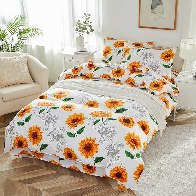 Brandream Duvet Cover Full/Queen Size 3 Pieces Boho Sunflower Farmhouse Floral Girl Women Floral Bedding Duvet Cover Set Super Soft Breathable with Zipper Closure & Corner Ties(Yellow White)