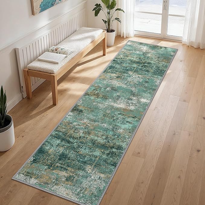 GENIMO Runner Rug Non Slip 2'6"x8', Washable Rug Runner for Hallways Kitchen, Abstract Modern Kitchen Rugs, Low Pile Lightweight Carpet Runners for Entryway, Bedroom, Laundry, Turquoise