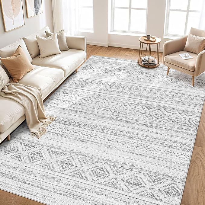 Area Rugs for Living Room Washable Living Room Rug Soft Neutral Indoor Floor Carpet Non-Slip Stain Resistant Modern Boho Rugs for Bedroom Dining Room Kids Room Nursery Office Home Light Grey