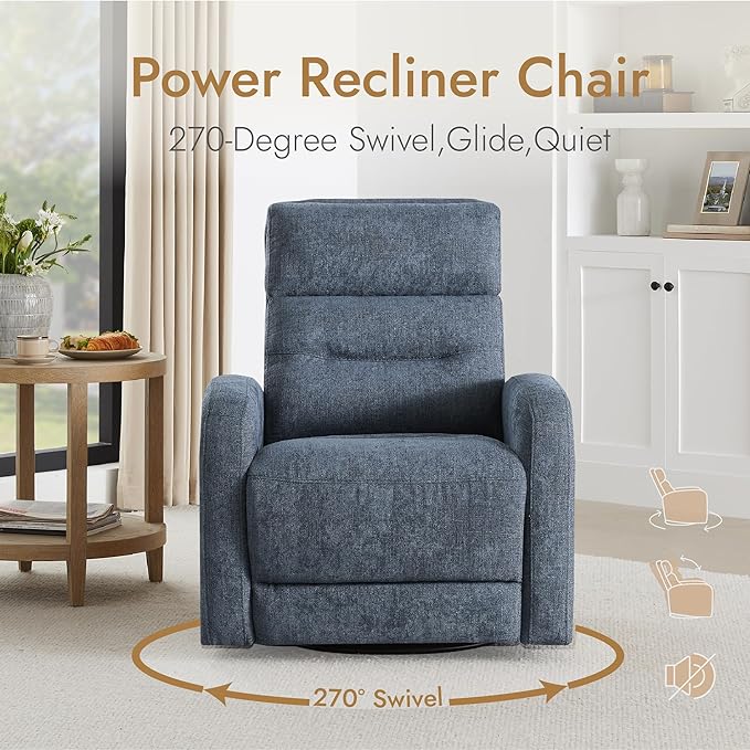 Watson & Whitely Swivel Power Recliner Glider Rocker, Small Recliner with Charging Port for Living Room, Fabric in Blue