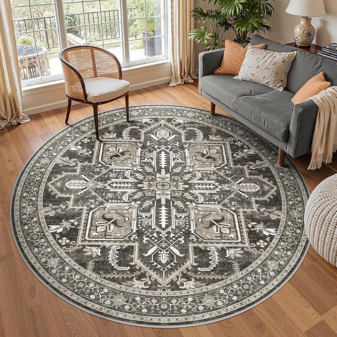 WITSHOCK Round Area Rug 8Ft: Washable Non-Slip Low Pile Large Circle Carpet, Foldable Boho Style Rug for Living Room Bedroom Dining Room Kitchen Nursery Home Office – Pet Kid Safe – Bitter Black