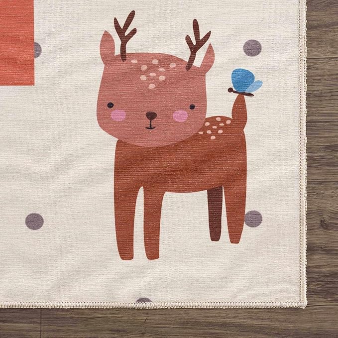 Hauteloom Lundy Girls Room, Boys Room, Kids Room Playroom Machine Washable Area Rug - Hopscotch Animal Carpet - Cream, Red, Orange, Blue, Colorful - 6'7" x 9'