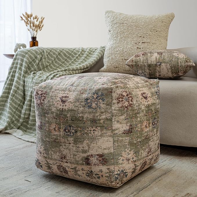 LR Home Grace Vintage Floral Sage Green Square Indoor Medium Pouf Ottoman | Power-Loomed Polyester Pouf Foot Rest for Bedroom & Living Room Decor | 18 x 18 x 18 Stuffed Ottoman for Seating