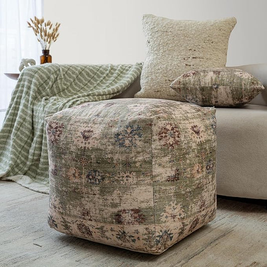 LR Home Grace Vintage Floral Sage Green Square Indoor Medium Pouf Ottoman | Power-Loomed Polyester Pouf Foot Rest for Bedroom & Living Room Decor | 18 x 18 x 18 Stuffed Ottoman for Seating