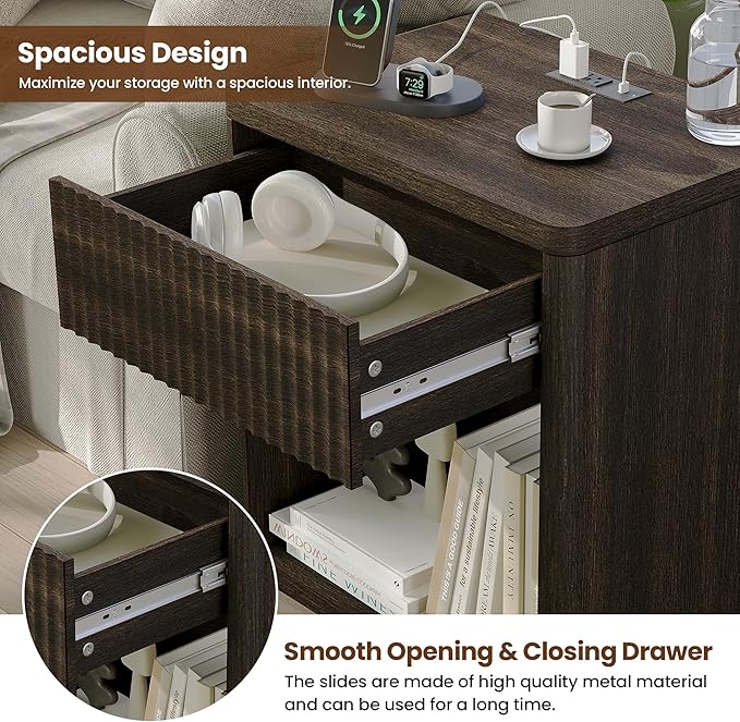 Fluted Nightstand Set of 2 with Charging Station, 21.7" Wide Modern Bedside Table with 1 Drawers Open Storage Cabinet, Wooden End Table for Bedroom,Walnut