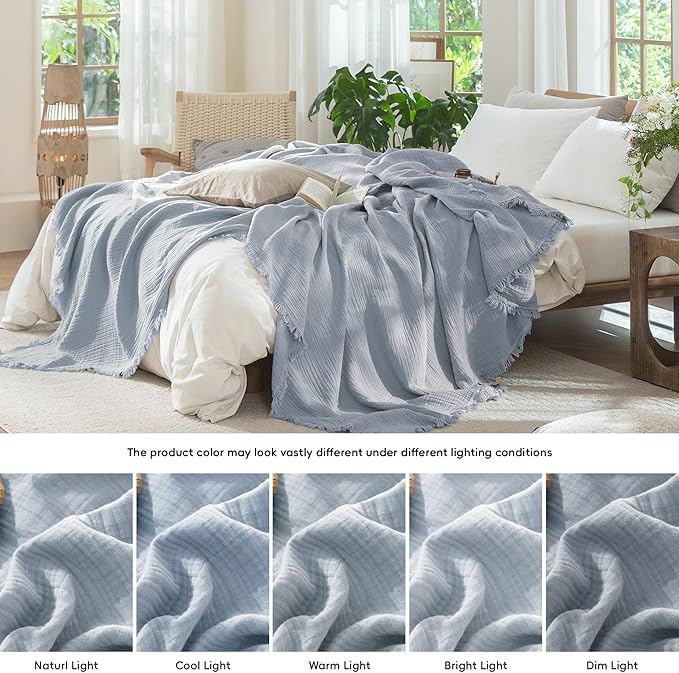 MooMee Muslin Blanket - 100% Cotton 4-Layer Gauze Throw Blanket with Tassels Ultra-Soft Breathable Lightweight Cooling for Bed Couch (Dusty Blue, Queen 90" x 90")