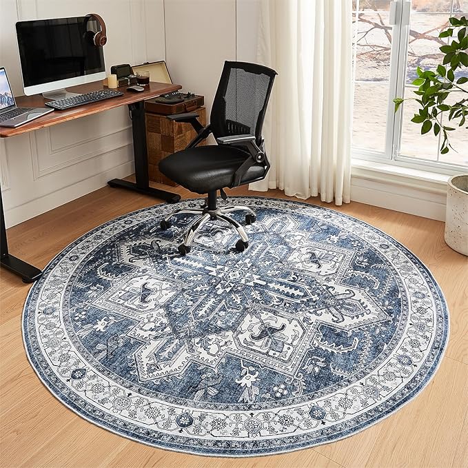 WITSHOCK 6Ft Blue Round Washable Area Rugs - Vintage Boho Distressed Oriental Farmhouse - Non Slip Low Pile Circle Carpet for Living Room Bedroom Kitchen Dining Room, Foldable Soft Pet Friendly Rug