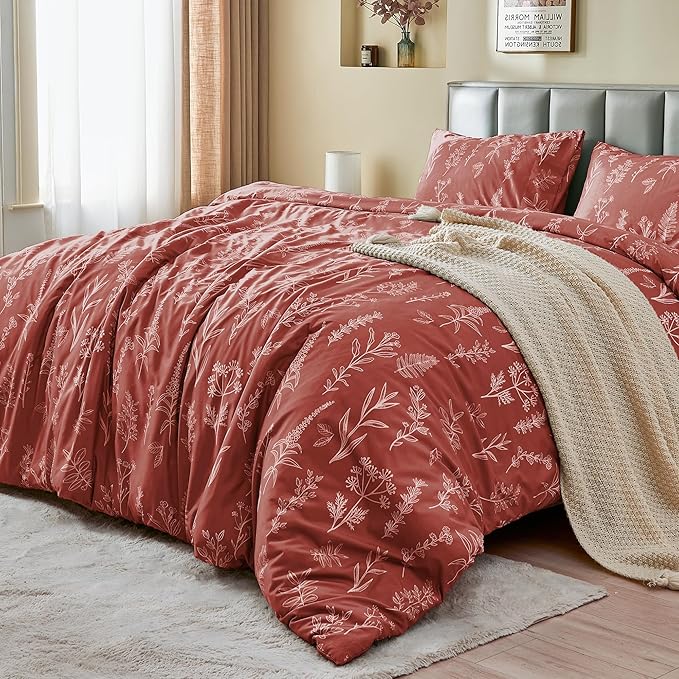 MUXHOMO Duvet Cover Full Size, Reversible Floral Terracotta Duvet Cover Set with Zipper Closure, 3 Pieces Botanical Patterns Soft Microfiber Bedding Set with 4 Ties (80"x90", 2 Pillow Cases)