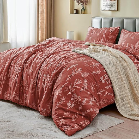 MUXHOMO Duvet Cover Full Size, Reversible Floral Terracotta Duvet Cover Set with Zipper Closure, 3 Pieces Botanical Patterns Soft Microfiber Bedding Set with 4 Ties (80"x90", 2 Pillow Cases)