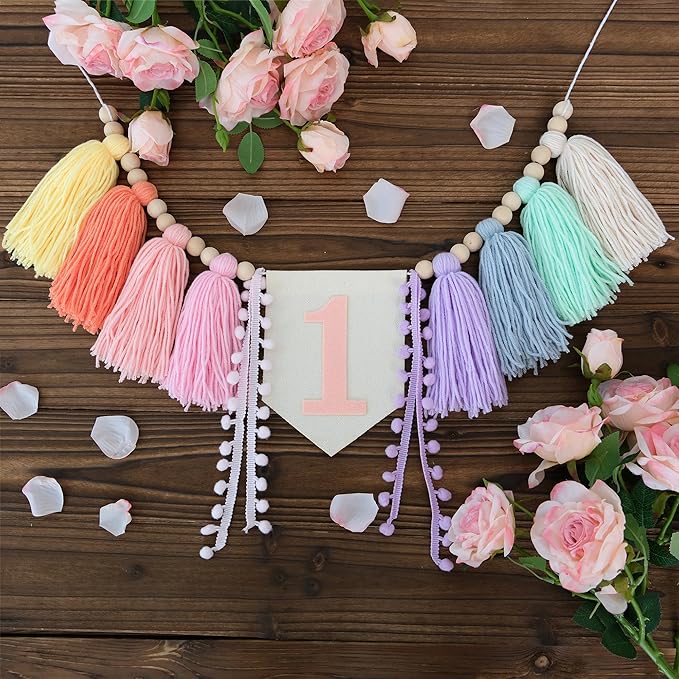 Boho Macaron Handmade Extended 1st Birthday High Chair Banner Wild One First Highchair Banner for Baby Girls Wood Bead Tassel Garland 1 Birthday Party Decorations Photo Props 6