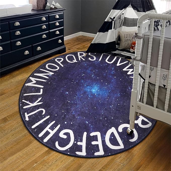 LIVEBOX Space Play Room Round Kids Rug for Boy and Girl, Circle Alphabet Washable Rug Crawling Nursery Rug for Playroom, Galaxy Non-Slip Play Mat Learning Carpet for Children Room (59",Star Blue)