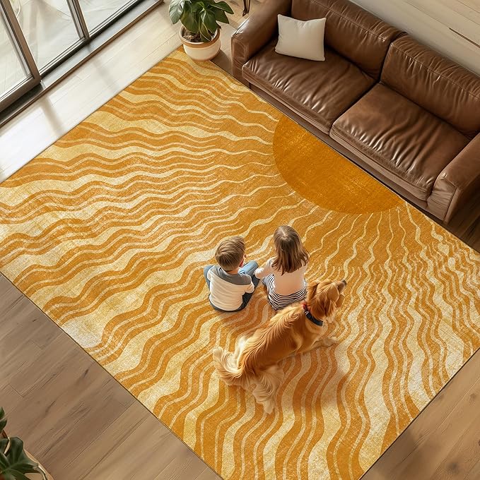 Washable 4x6 Sun Area Rug for Living Room, Retro Brown Sun Modern Boho Large Area Rugs, Ultra Thin Low Pile Lightweight Indoor Carpet Mat with Non-Slip Backing for Bedroom Kids Nursery Play Room