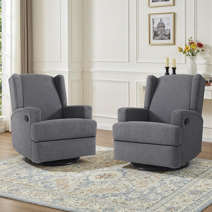 UIXE Swivel Glider Recliner Chairs Set of 2, Fabric High Back Accent Chair Nursery Rocker for Living Room, Upholstered Manual Reclining Sofa Seating with Deep Seat - Charcoal Gray