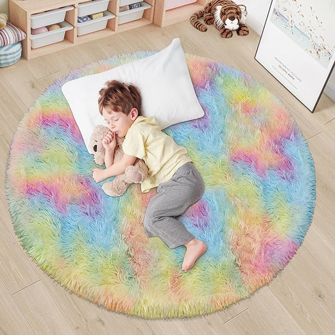 4x4 ft Rainbow Fluffy Round Rug for Girls Bedroom,Colorful Soft Shaggy Circular Area Rug Kids Cute Fuzzy Carpet Furry for LivingRoom Nursery Dorm Playroom Room Unicorn Decor Reading Nook Mat