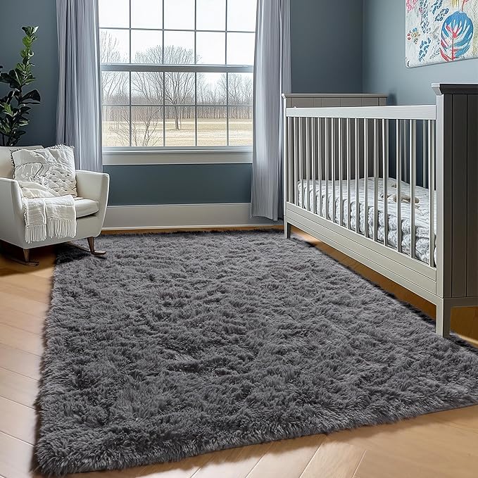 ONASAR Grey Area Rugs for Living Room Bedroom, 5x8 Gray Fluffy Shag Rug, Washable Ultra Soft Plush Shaggy Large Indoor Floor Carpet for Nursery Kids Girls Boys Teen Home Office Decor Aesthetic