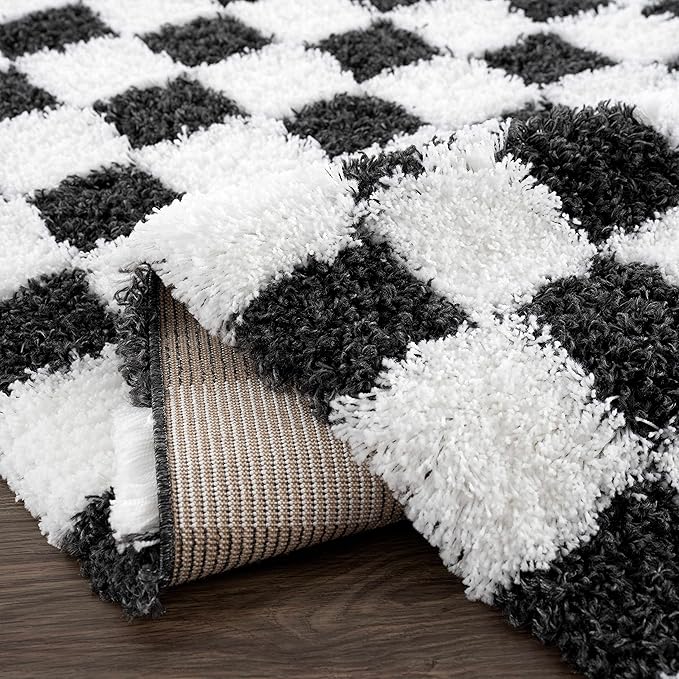 Hauteloom Atira Contemporary Checkered Fluffy Shag Area Rug - Modern Geometric Carpet Tiles for Living Room, Kids Room, Nursery - Plush Pile - Black, White - 7'10" x 10'3"
