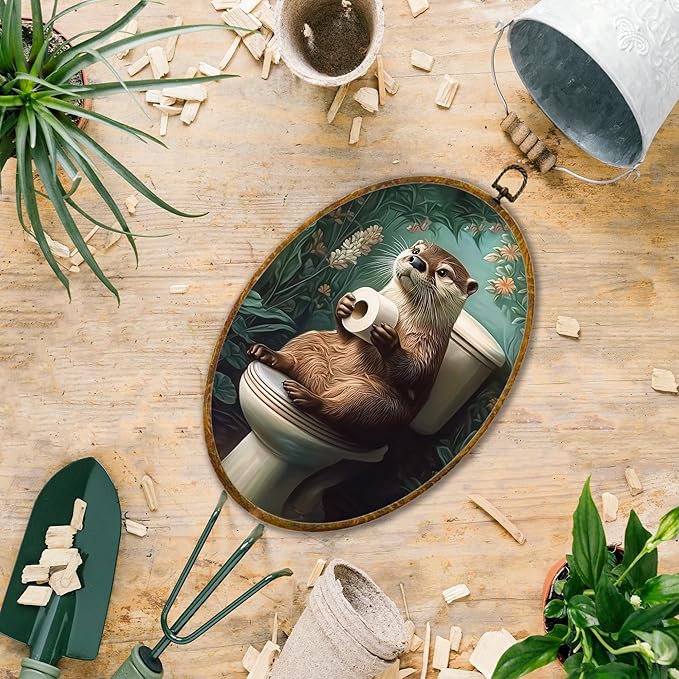 Hiuwevt Otter Toilet Bathroom Oval Wall Art Decor, Funny Floral Sea Otter Framed Canvas Prints, Vintage Green Botanical Animal Oval Wall Hanging Decor for Bathroom Decorations, 8.6x11.4 Inches