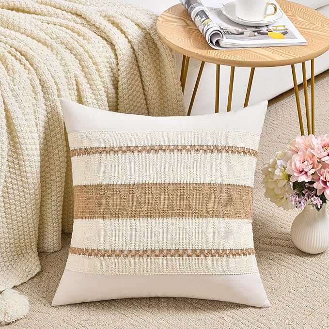 Fancy Homi Set of 2 Boho Neutral Euro Decorative Throw Pillow Cover 26x26 Inch for Couch Bed Bedroom, Aesthetic Modern Organic Farmhouse Room Decor, Soft Cotton Accent Macrame Woven Tan Cushion Case