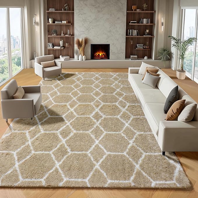 ONASAR 8x10 Area Rugs for Living Room, Fluffy Beige and White Bedroom Rug, Washable Geometric Boho Large Soft Plush Shaggy Fuzzy Floor Carpet for Nursery Kids Classroom Playroom Dorm Home Decor