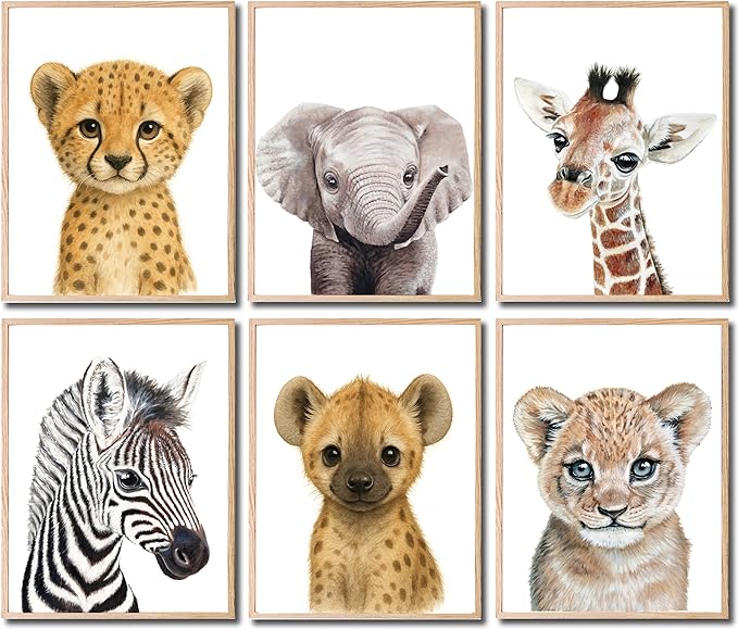 KIU DESIGNS Nursery Wall Art - Unframed Safari Nursery Decor - Set of 6 Animal Wall Decor Gift for Baby - Safari Portrait - 8"x10"