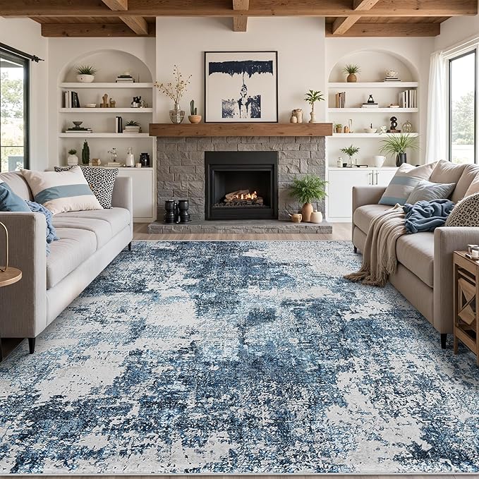 Area Rug 9x12 Living Room: Large Washable Rug with Anti-Slip Backing Non-Shedding Stain-Resistant Soft Abstract Carpet for Bedroom Dining Room Nursery Home Office (Blue)