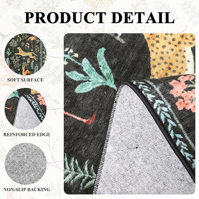 DUKINO 2.6x8 Rug for Hallway, Washable Kitchen Runner Rug with Non Slip Backing, Soft Low Pile Vintage Animal Runner for Bedroom, Kitchen, Hallway, Entryway, Laundry, Black