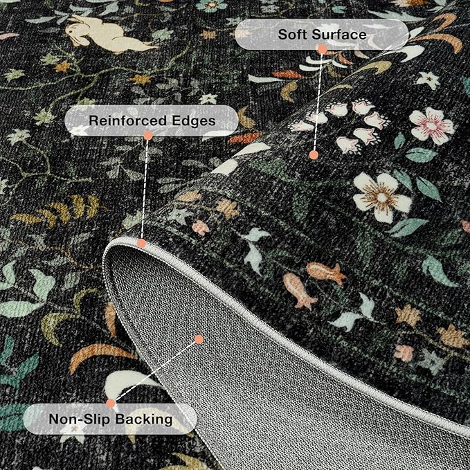 6x9 Area Rugs for Living Room Floral Animal Print Carpet Washable Non-Slip Large Rug Low Pile for Indoor Bedroom Dining Room Nursery Home Office Farmhouse Kids Play Room Black