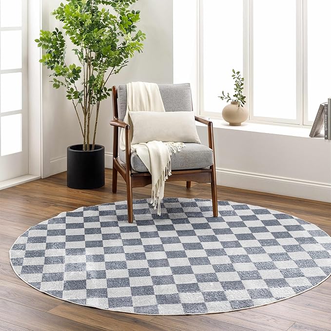 BoutiqueRugs Alia Gray Checkered Area Rug - Machine Washable - Ivory, Blue, Gray - 6'7" Round