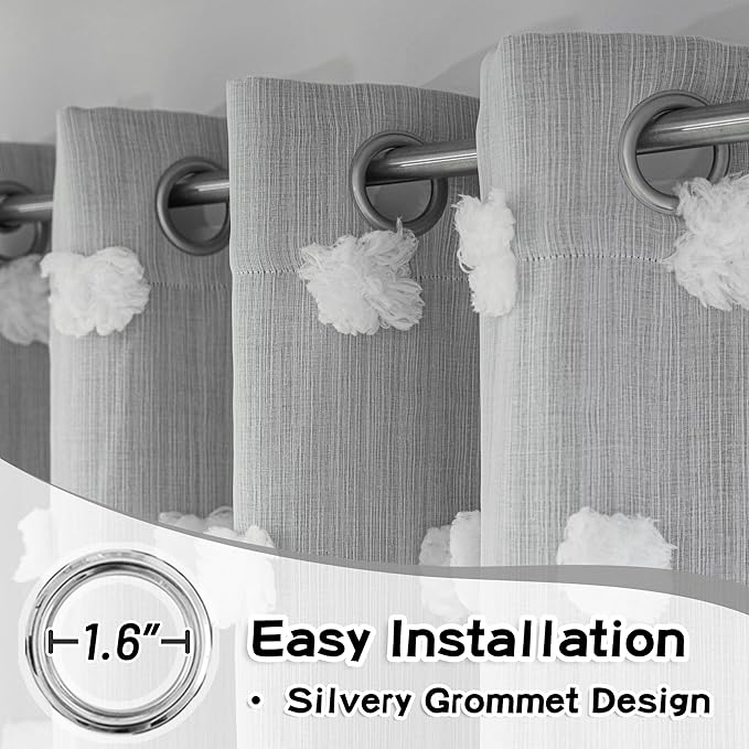 MYSKY HOME Grey Curtains for Bedroom 63 Inch Long Curtains for Kids Room Double Layer Nursery Curtains White Pom Pom Sheer Dining Room Grommet Room Darkening Window Curtains 2 Panels Set, 52 x 63 in