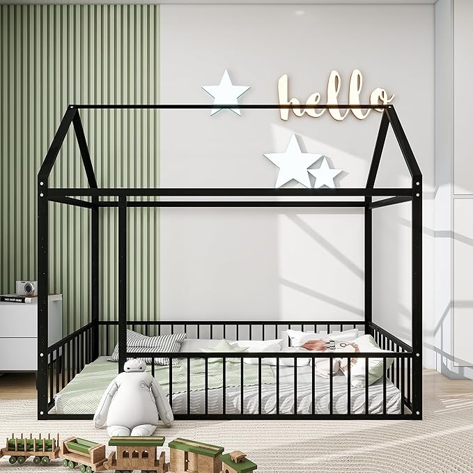 Bellemave Twin Size Montessori Floor Bed, Metal House Bed Framefor Kids, Montessori Floor Beds with Fence, Playhouse for Kids,Black