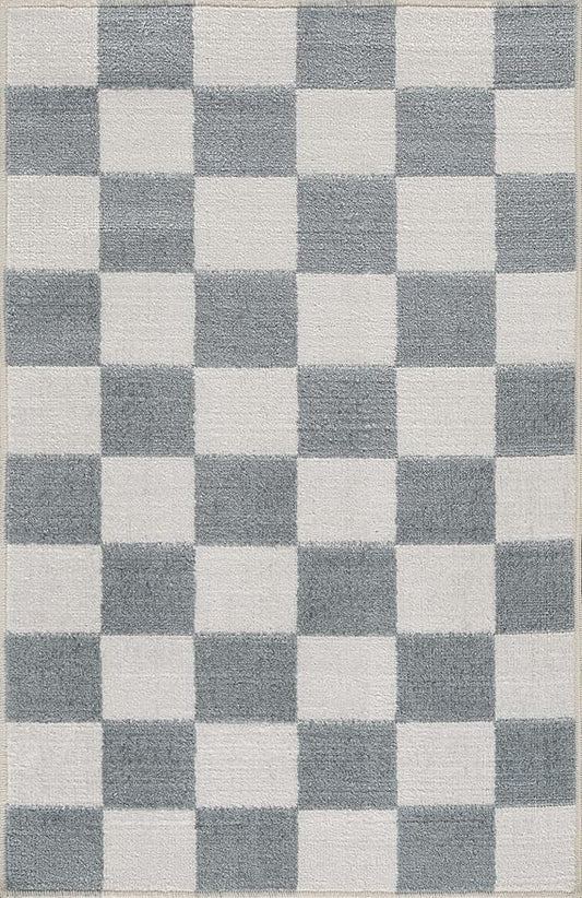 Mark&Day Washable Rugs, 2x3 Shaquina Modern Pale Blue Checkered Rug, Blue Ivory Carpet for Living Room, Bedroom or Kitchen (2' x 3', Machine Washable)