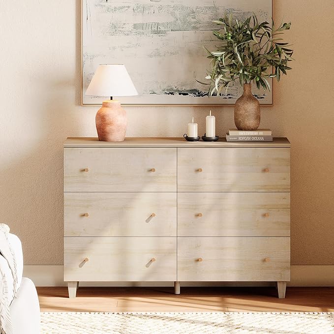 WAMPAT Dresser with 6 Drawers for Bedroom, Wooden Kids Dressers with Wide Chest of Drawers, Modern Closet Storage Organizer with Solid Wood Legs for Living Room, Hallway, Nursery, Light Oak