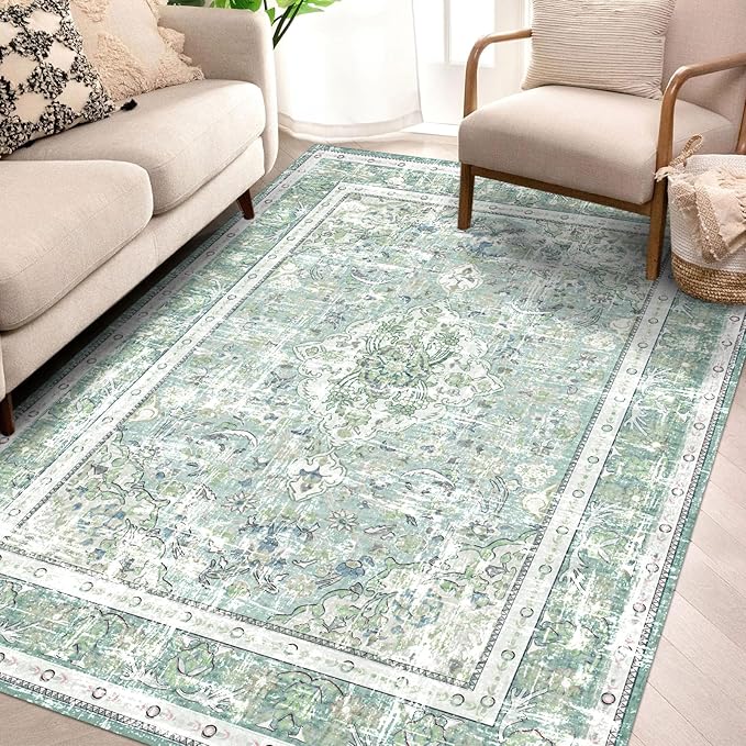 Vhong Boho Area Rugs Vintage Washable Modern Neutral Large Carpet Sage Green 4×6 High Traffic Rugs for Dinning Room Living Room Bedroom Farmhouse Non Slip