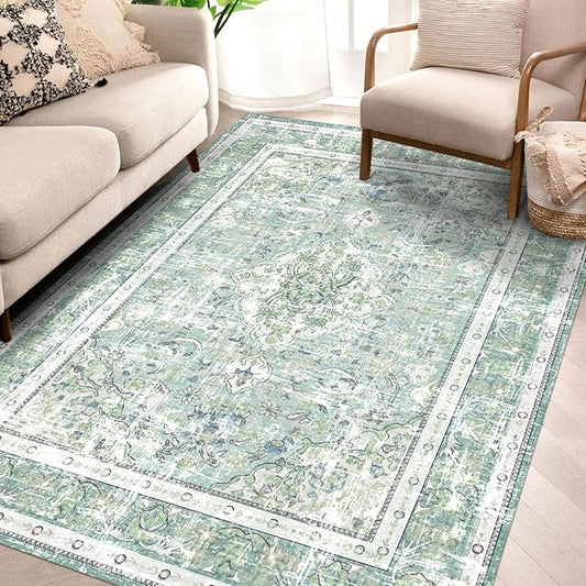 Vhong Boho Area Rugs Vintage Washable Modern Neutral Large Carpet Sage Green 4×6 High Traffic Rugs for Dinning Room Living Room Bedroom Farmhouse Non Slip