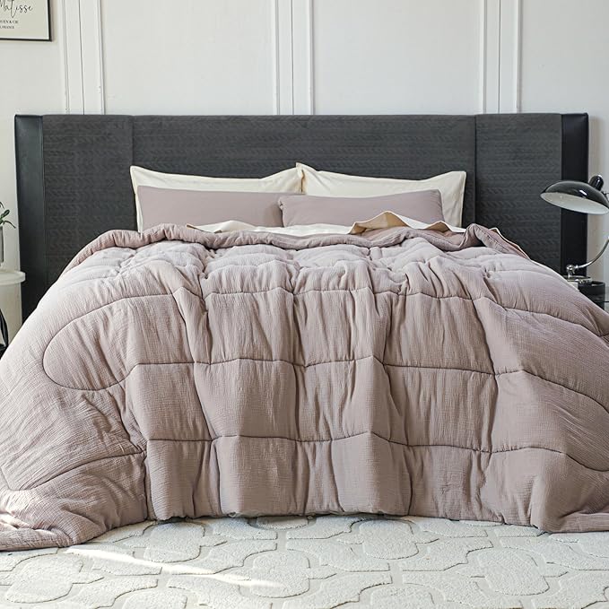 Simple&Opulence 100% Cotton Muslin Comforter Set Twin Size, 2PCS Washed Cotton Gauze Comforter, Soft Lightweight All Seasons Bedding Sets with 1 Pillow Sham(Grey-Brown,Twin)