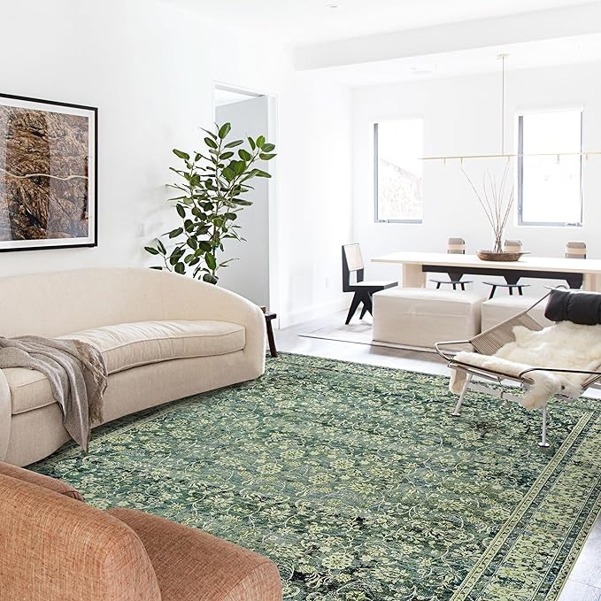 9x12 Area Rugs Washable Rug for Living Room Big Bedroom Under Bed,Faux Wool Soft No Slip Floral Boho Vintage Extra Large Carpet for Dining Room Under Table,9 by 12,Emerald Dark Green