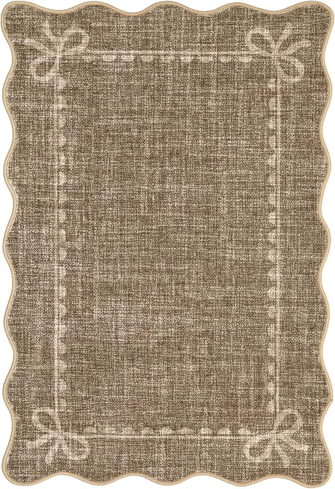 GarveeHome Scalloped Bow Rug for Kitchen Floor, Solid Brown Rug for Dorm, Washable Entryway Rugs 2x3 Soft Low Pile Non Slip Scalloped Rugs for Nursery Bedroom Decor Hallway